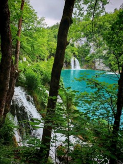 A turquoise lake with waterfalls surrounded by lush vegetation and trees, Plitvice Lakes National