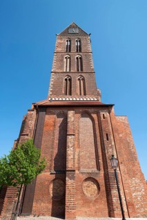 Tower of St Mary's Church, 14th century Gothic brick building, ship severely damaged in the Second