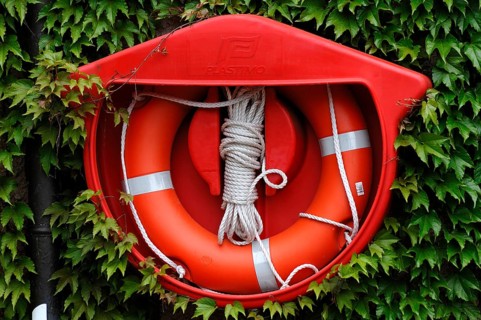 Lifebuoy near the polar bear enclosure with water basin in Nuremberg Zoo, Am Tiergarten 30,