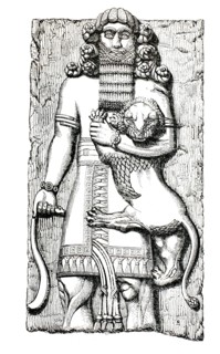 The illustration shows the famous Neo-Assyrian high relief of a lion tamer, which is traditionally