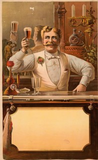 Advertising poster, beverage advertisement, Victorian commercial print depicts a smiling bartender