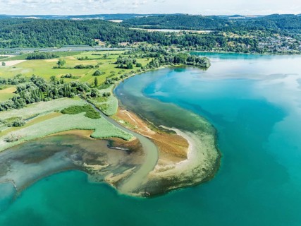 Aerial view of the mouth of the Stockacher Aach at low tide, which flows into Lake Überlingen. As a