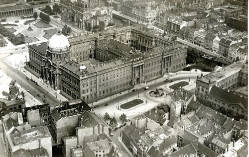 Berlin, Stadtschloss, Mitte, aerial view of a large palace surrounded by urban structures, around
