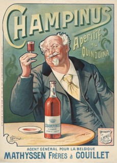Advertising poster, beverage advertisement, advertising poster for the Belgian liqueur Champinus