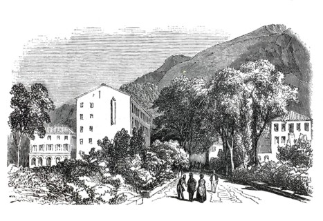 The historic Vernet-les-Bains sanatorium and thermal spring in France, illustration shows the