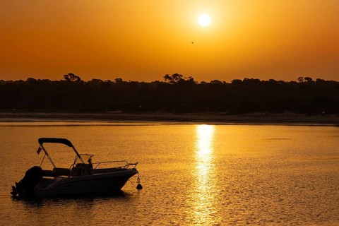 The sun rises on the Spanish Balearic island of Majorca, Colonia de Sant Jordi, Majorca, Spain