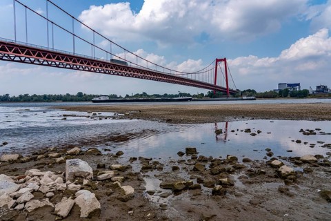 Rhine near Emmerich, extreme low water, Rhine level at 5 cm, downward trend, Emmerich Rhine bridge,