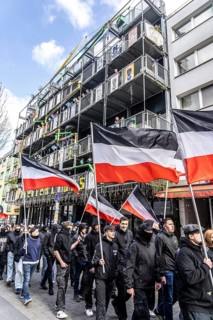 The neo-Nazi group Jung und Stark, JS, demonstrates in the city centre of Essen, demanding the