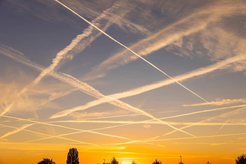Contrails in the evening sky, Bannewitz, Saxony, Germany