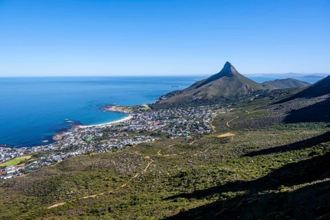 Camps Bay and Lions Head, mountainous landscape with adjacent city and coast, Eastern Cape, Cape