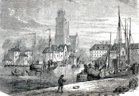 Historical view of the port of Dordrecht in the Netherlands. In the background is the