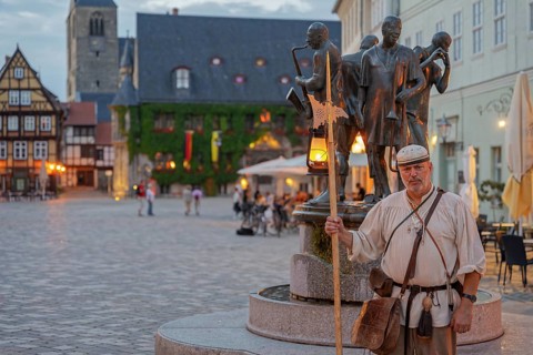 Nightwatchman with lantern Marktplatz Quedlinburg Harz Germany