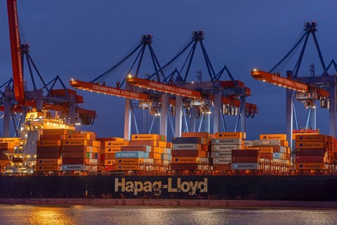 Evening photo, blue hour, container ship, container bridge, Altenwerder container terminal,
