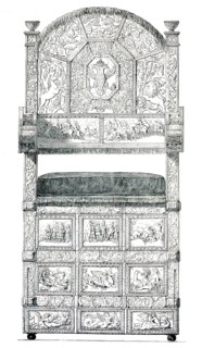 Ivory throne of Tsar Ivan III from the Kremlin armory, which has detailed carvings depicting scenes