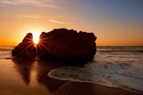 Rocks on the coast at sunrise, Praia Dona Ana, Lagos, Algarve, Portugal