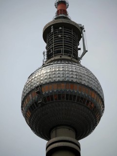 Close-up of Berlin TV Tower, modern design with metallic geometric patterns, Alexanderplatz, Berlin
