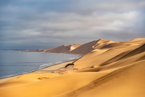 Sand dunes and sea in morning light, Atlantic coast and sandy desert with sea of dunes, Sandwich