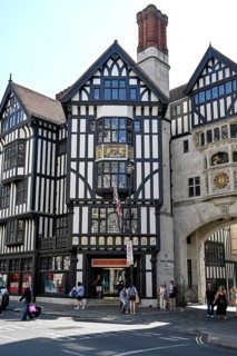Historic Tudor timber-frame building of the Liberty Department Store with the Liberty Clock Arch,