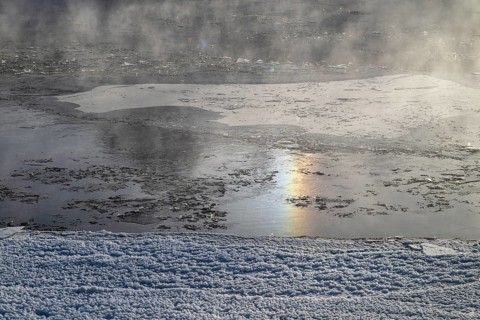 Fog over the freezing river Glomma (Glåma), Alvdal, Hedmark, Innlandet, Norway, February 2026