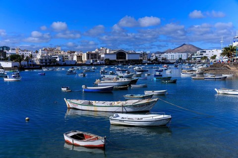 Lanzarote, Canary Islands, Spain, Europe, Charco San Gines harbour in Arrecife, numerous boats in