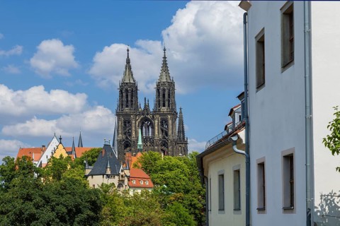 Gatehouse with cathedral on Burgberg, Meissen, Saxony, Germany
