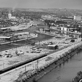 Historical aerial view of Stuttgart harbour on the Neckar 1959, Stuttgart, Baden-Württemberg,