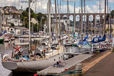 Lively harbor with sailboats in front of a town with a distinctive bridge under cloudy sky, The