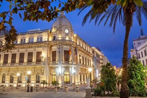 Night view of the Assembly palace at the historic centre of Ceuta, Spain, North Africa