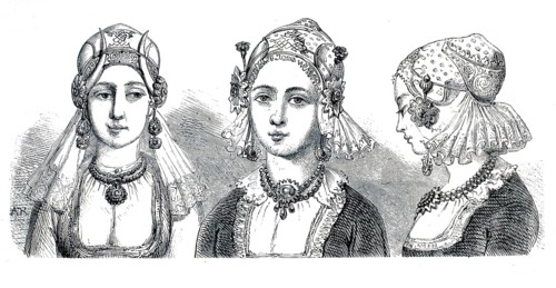 Women's headdresses, bonnets and hairstyles from the 16th century, Holland, Friesland. Richly
