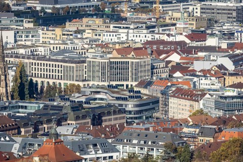 City view with shopping centre Das Gerber, office building in the West district. Stuttgart,