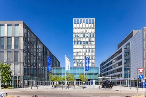 EnBW City Stuttgart. Office building and logo of the energy provider Energie Baden-Württemberg,