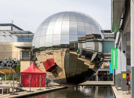 Silver planetarium sphere, We The Curious science centre, Millennium Square, Bristol Harbourside,