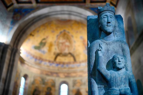 Interior photo of Romanesque pillar Madonna, choir room, ceiling fresco, St. John's Church, also St