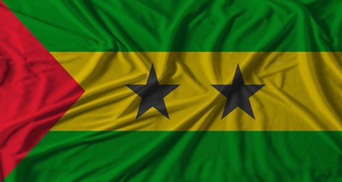 Sao Tome and Principe flag with fabric texture background. National flag of Sao Tome and Principe