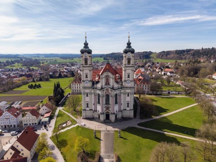 Aerial view of the Baroque Basilica of St. Alexander and Theodor, Ottobeuren Abbey, Ottobeuren,