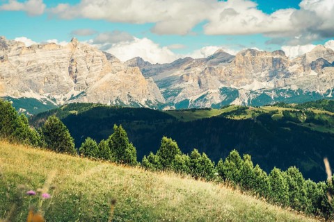 Aerial view Beautiful Dolomites mountain landscape Italy rocky jagged peaks green alpine valley