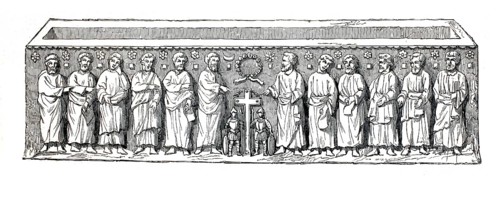 Drawing of an early Christian sarcophagus. In the centre is a Latin cross, symbolising victory over