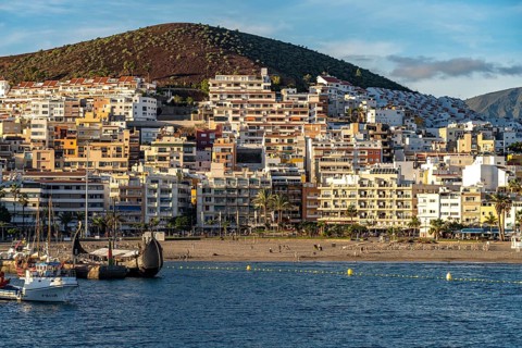 Town view Los Cristianos with harbour and the beach Playa de Los Cristianos, Tenerife, Canary