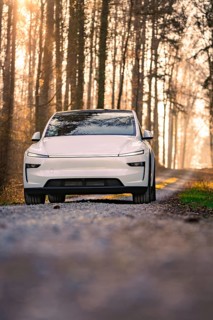 White car standing on a wooded path in the sunlight, Tesla, New Model Y, Black Forest, Germany