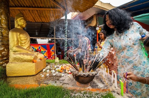 Devotees pray to Lord Buddha on the occasion of Buddha Purnima or Vesak Day that commemorates