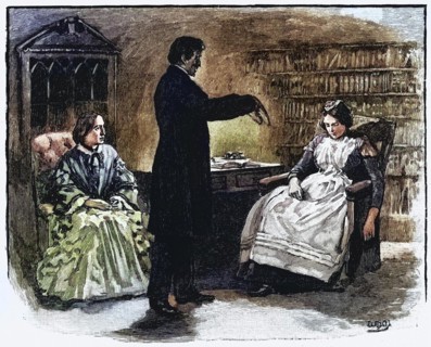 Male hypnotist putting a young woman into a hypnotic trance. Wood engraving, 1891, Historic,