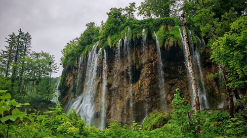 Impressive waterfall falls over steep rocks surrounded by plants, Plitvice Lakes National Park,