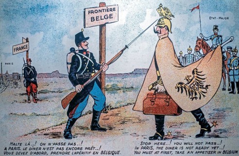 1914 cartoon showing Belgium protecting its border and, by extension, France during the First World