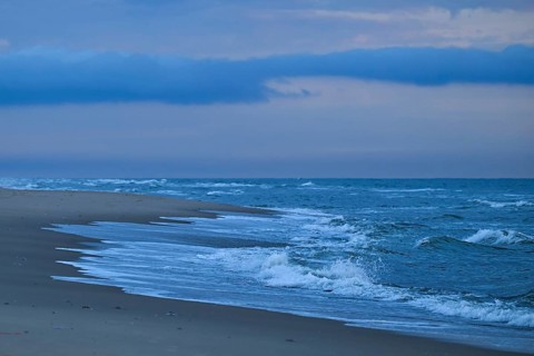 Surf, waves, blue hour after sunset, Houvig Beach, North Sea, Denmark
