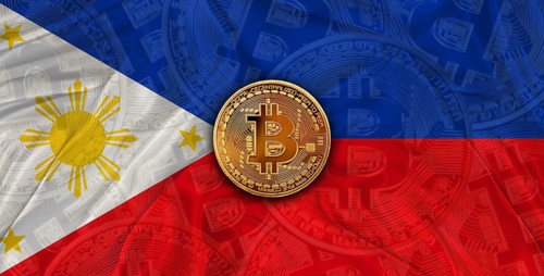 Investors in Blockchain Technology with Philippines flag background. Bitcoin cryptocurrency with