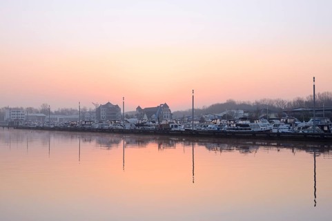 Marina Rünthe marina on the Datteln-Hamm Canal at sunrise, Bergkamen, North Rhine-Westphalia,