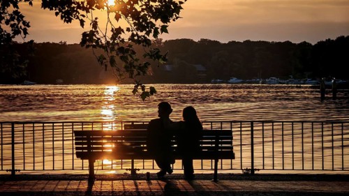 Silhouette in evening light, a couple sitting romantically on a bench and enjoying the sunset in