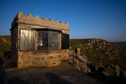 Former outpost, coast guard viewpoint, Land's End headland, Penzance, Penwith Peninsula, evening