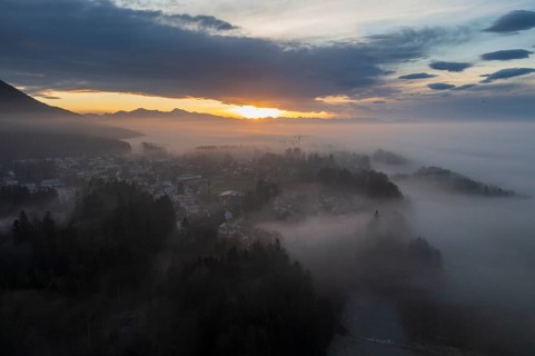 Sunset, with fog, Bad Heilbrunn, Upper Bavaria, Bavaria, Germany