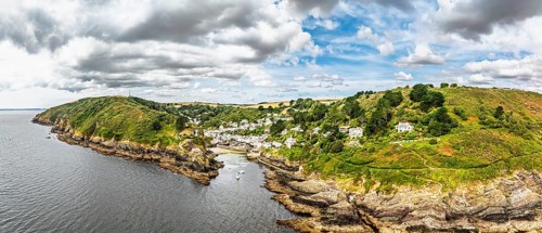 Panorama of Polperro Harbour and Village from a drone, Polperro, Looe, Cornwall, England, United